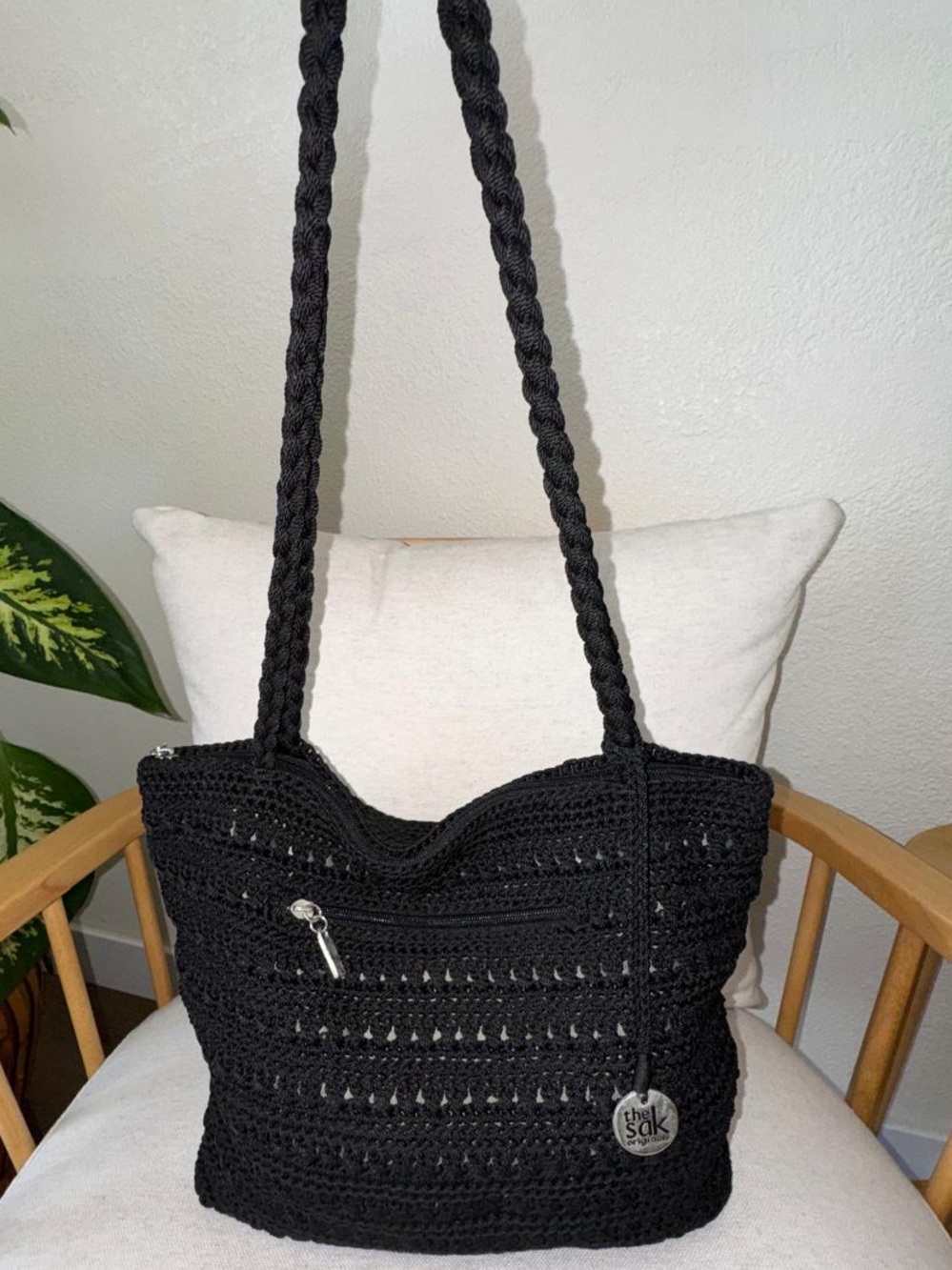 Vintage The Sak Black Crochet Black Woven Tote Boho Granny Shoulder Bag Purse - Picture 3 of 15